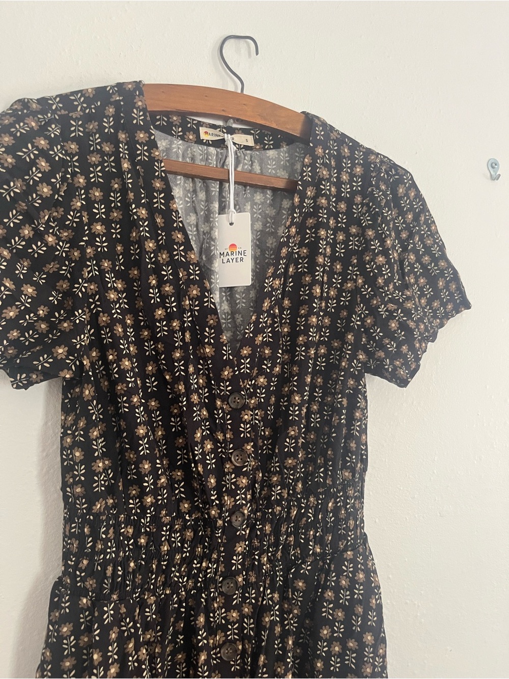 Marine Layer Annika Floral Smocked Waist Midi Dress Black Brown Button Up S NEW - Picture 3 of 9